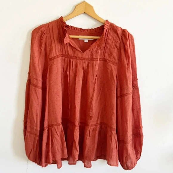 Loft copper brown Striped Clip long sleeve peasant Blouse size large - Picture 2 of 8
